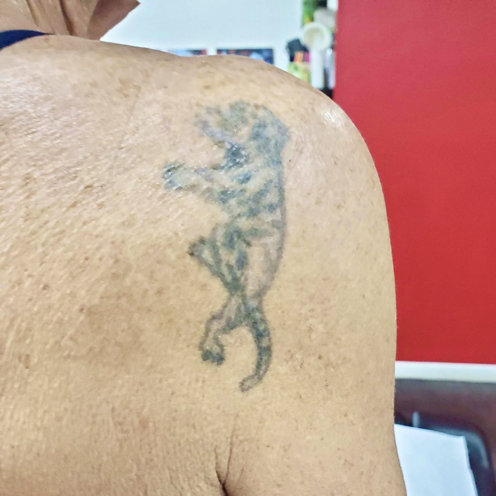 Recouvrement tatouage tigre omoplate après